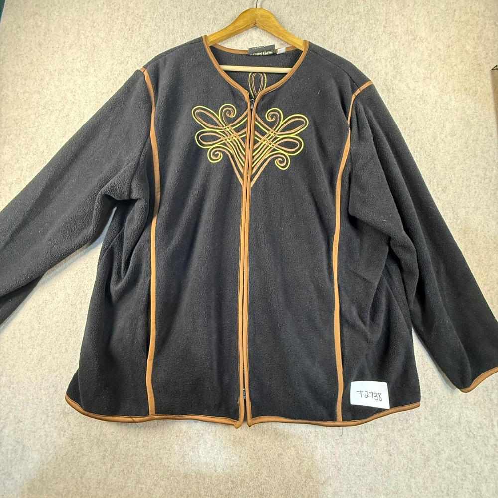 Bob Mackie Wearable Art Fleece Full Zip Cardigan Black Gold Embroidery 1X T2738